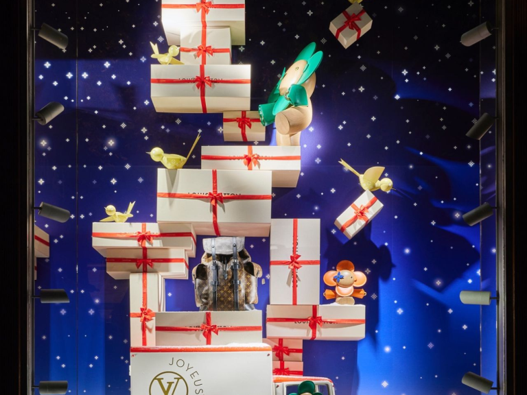 Wider view of the starlit gift-box festive window display